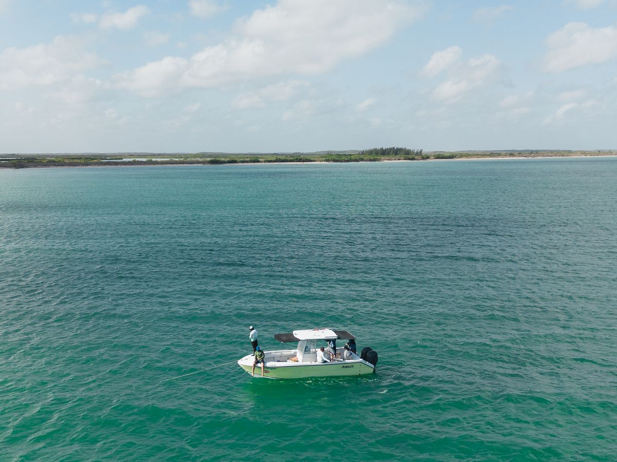 A small boat viewed from above in clear turquoise sea