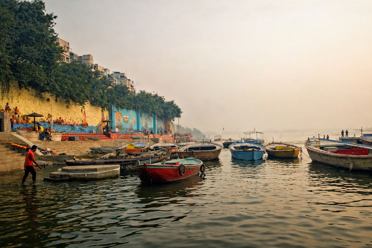 Barcas junto a los ghats del río Ganges en Varanasi, India.