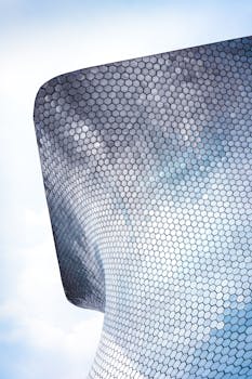 Modern architectural design, geometric facade of Soumaya Museum in Mexico City.