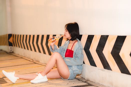 Casual young woman in denim drinking beverage while relaxing indoors.