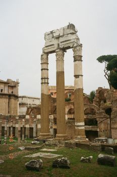 Historic ruins featuring tall stone columns in ancient Rome.