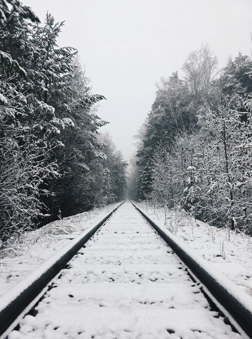 Free Serene winter scene of snow-covered railroad tracks through a forest. Stock Photo