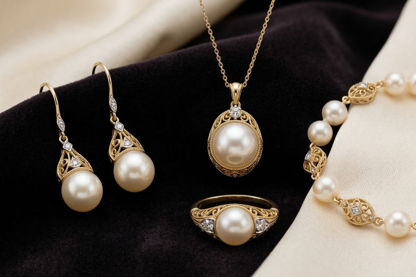 Vintage pearl and gold jewelry set