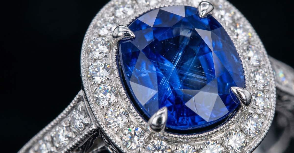 Close-up of a luxurious sapphire ring surrounded by a halo of diamonds, showcasing exquisite craftsmanship.