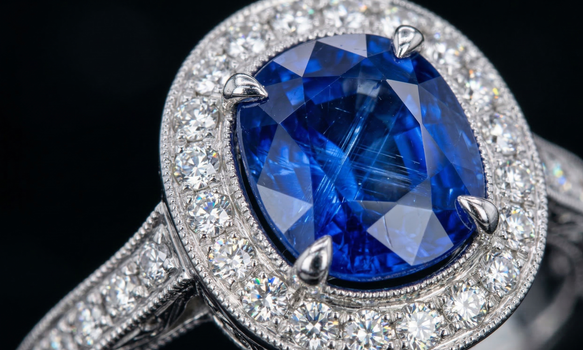 Close-up of a luxurious sapphire ring surrounded by a halo of diamonds, showcasing exquisite craftsmanship.