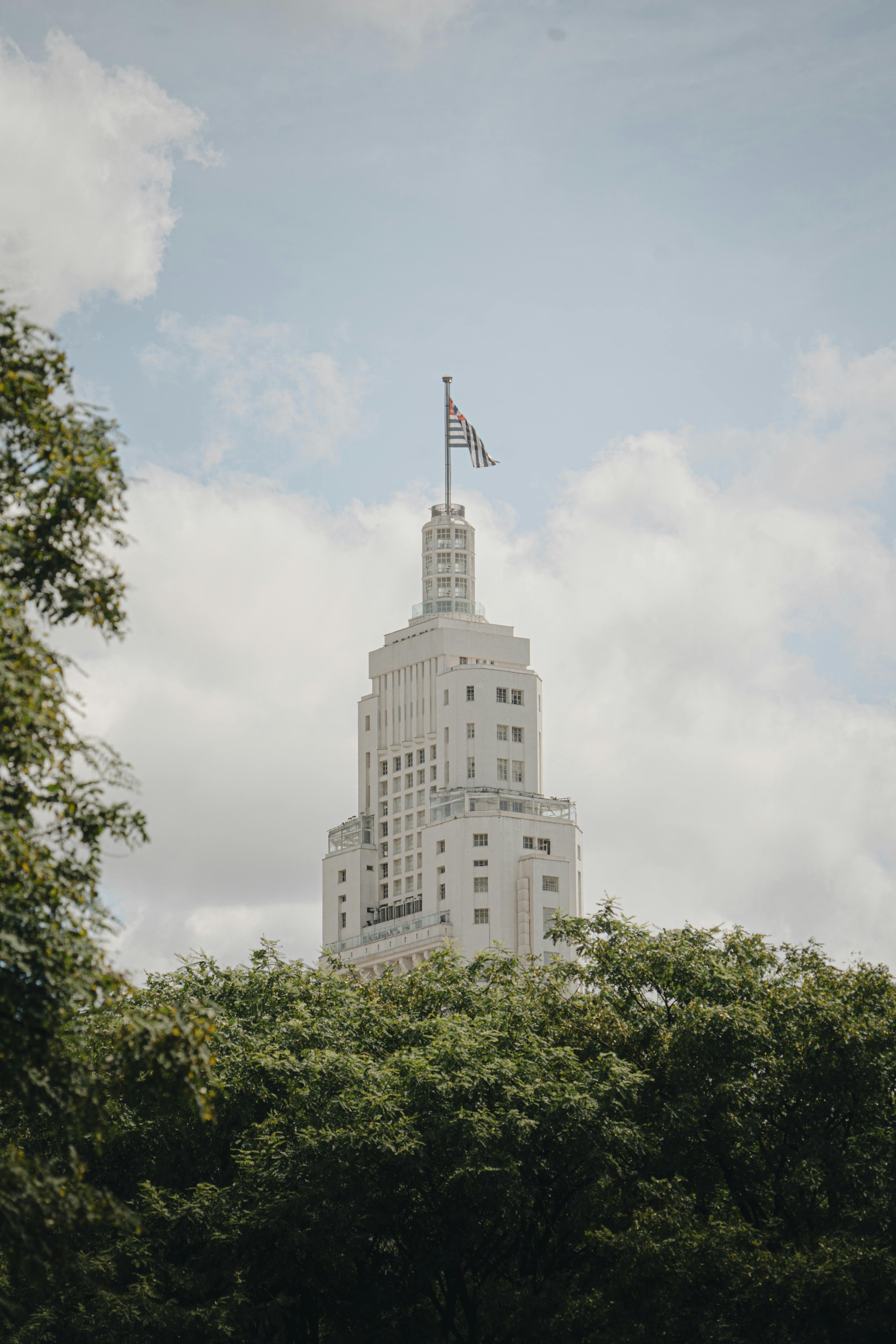 Kostenlos Ein historischer Wolkenkratzer, an dem die amerikanische Flagge weht, umgeben von üppigem Grün unter einem bewölkten Himmel. Stock-Foto