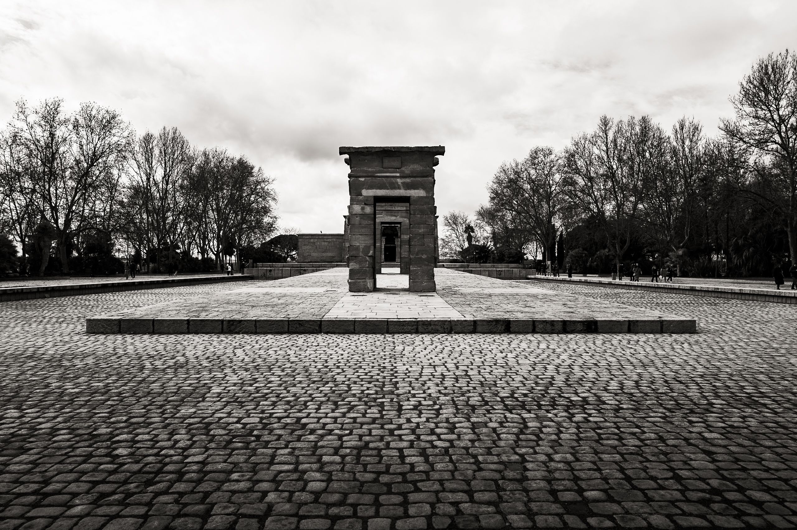 Temple of Debod in Madrid photographed in monochrome.