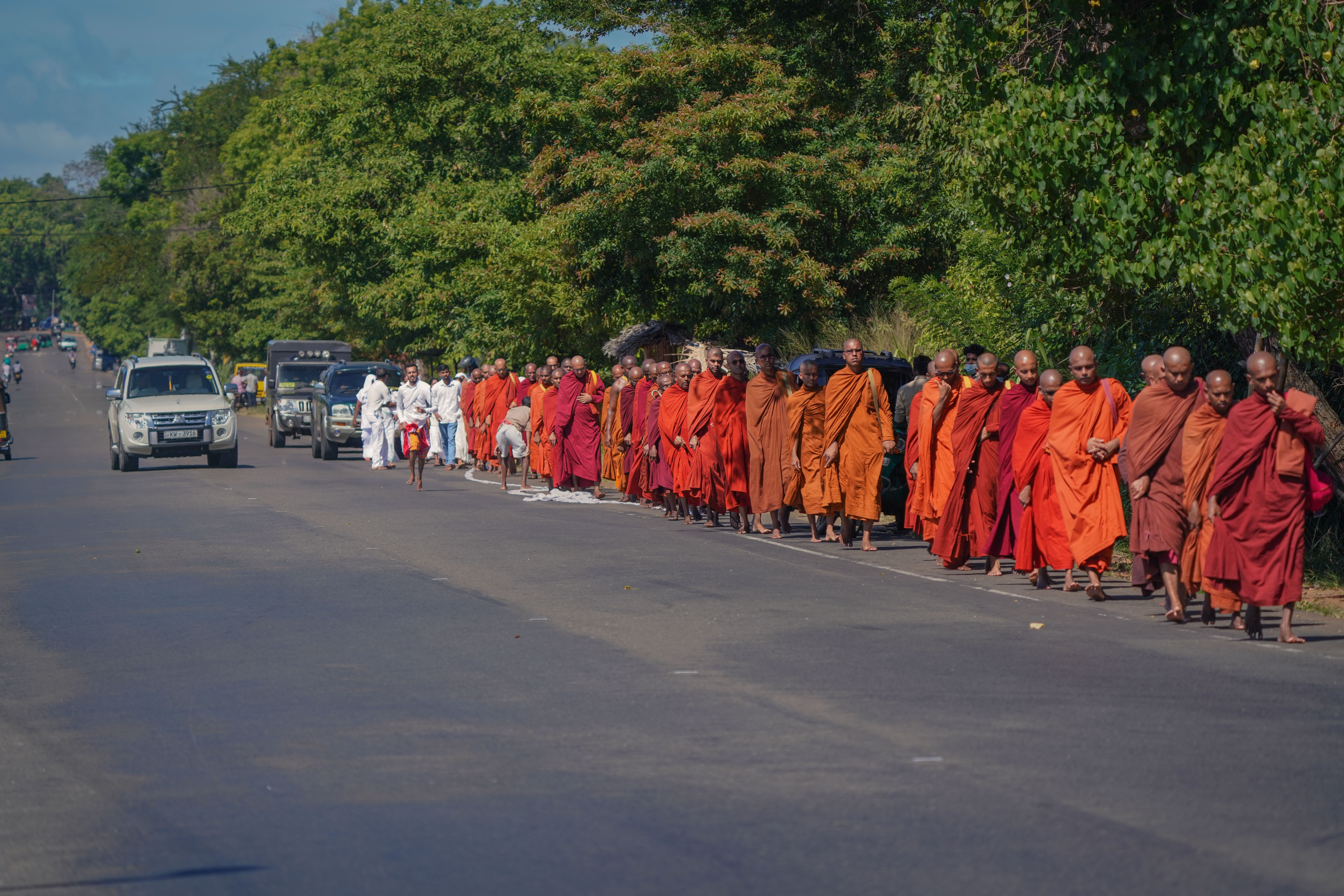 A group of Theravada Buddhist monks in orange robes walking in Sri Lanka during a religious pilgrimage.