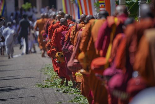 Free A line of Buddhist monks in orange robes partake in a religious pilgrimage in Sri Lanka, showcasing cultural traditions. Stock Photo