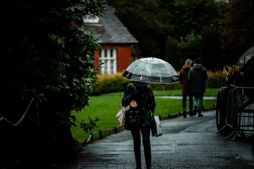 A person walking with a clear umbrella on a rainy day in Dublin's park path, showcasing urban life.