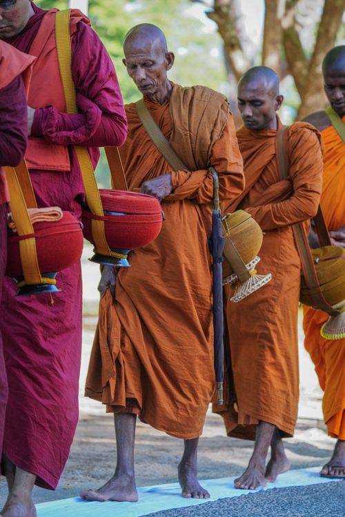 Free A group of Buddhist monks in traditional orange robes participates in a spiritual pilgrimage in Sri Lanka. Stock Photo