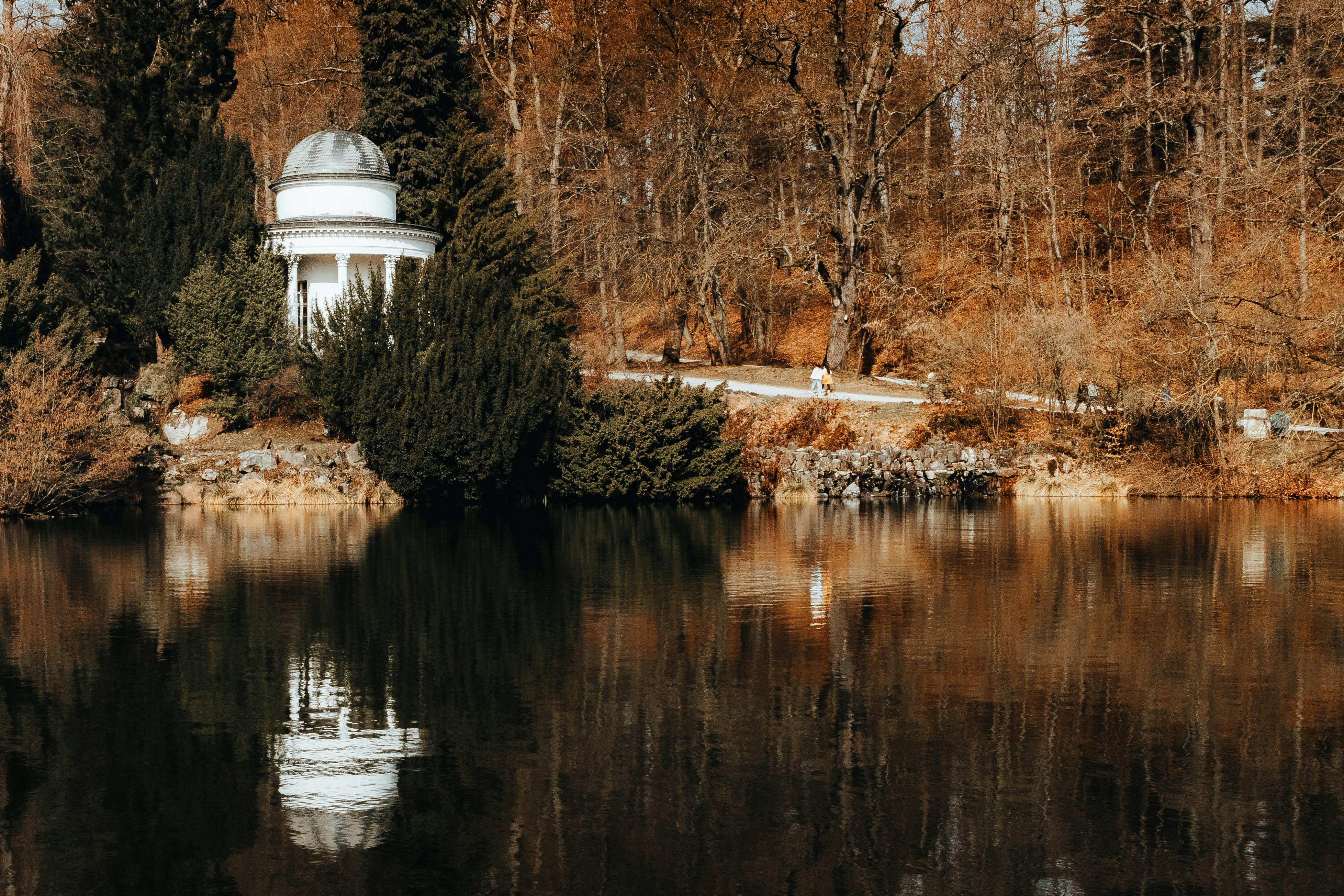 Gratis Tranquilla scena autunnale nel parco Wilhelmshöhe di Kassel, con il riflesso del lago. Foto a disposizione