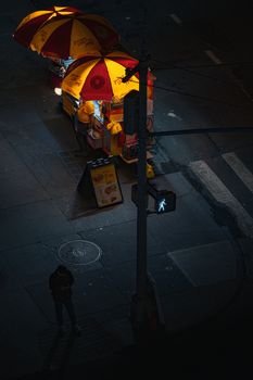 A moody nighttime scene of a food cart vendor on a New York City street corner.