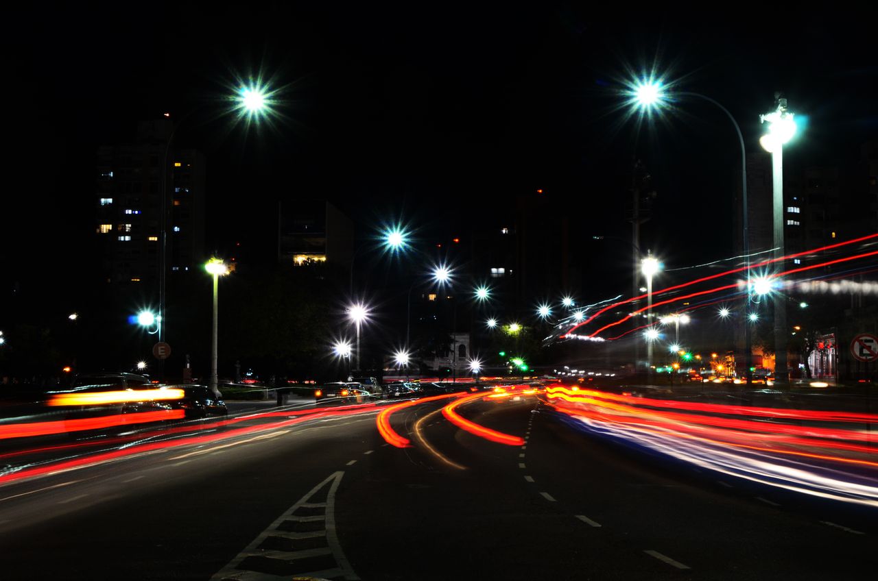 vibrant urban night scene showcasing car light trails on a bustling ci