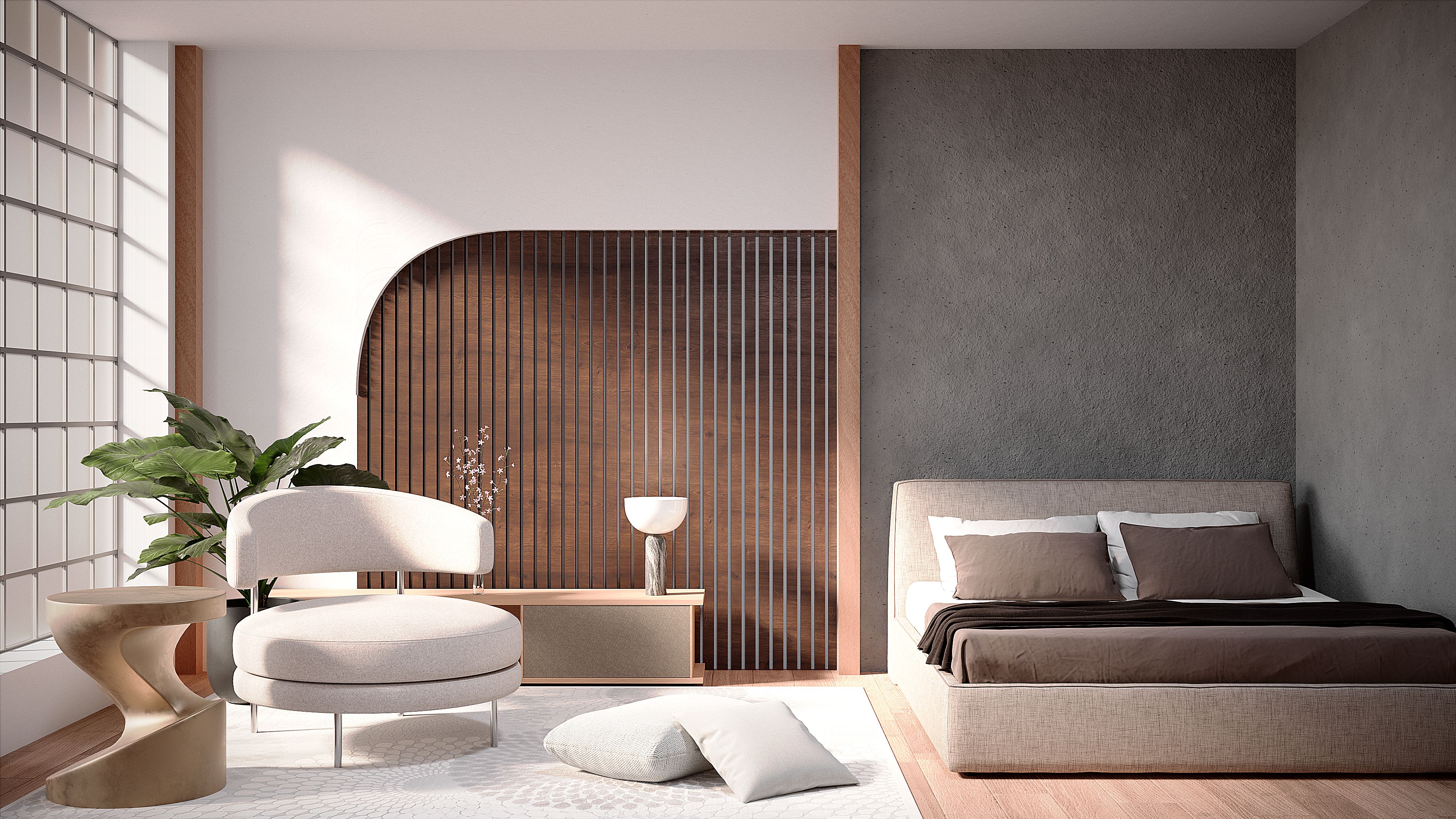 Elegant minimalist bedroom featuring modern furniture and natural light for a cozy atmosphere.