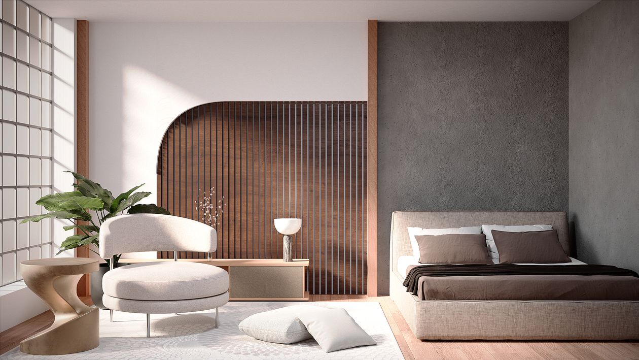 Modern minimalist bedroom with natural light and neutral aesthetic room decor