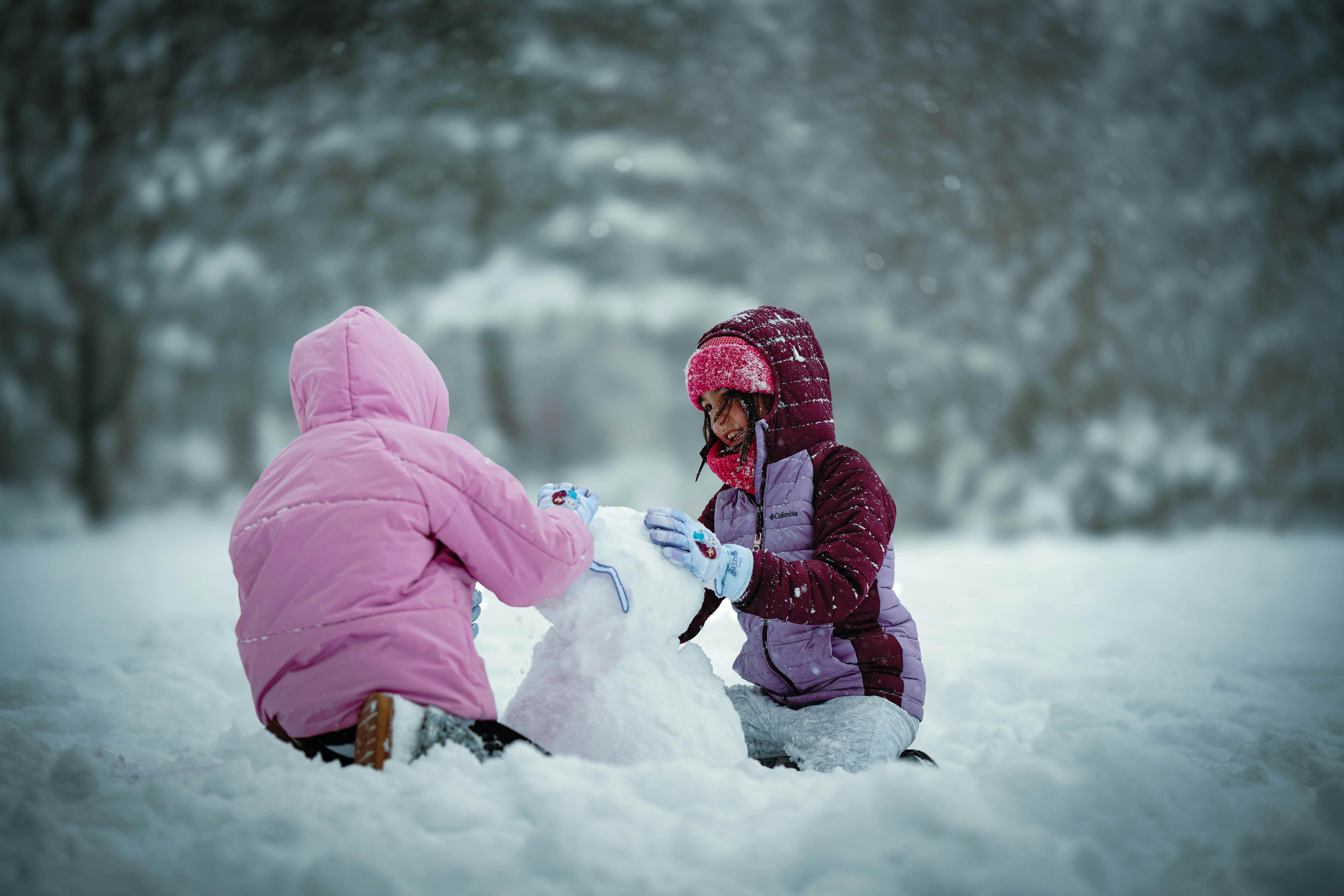 無料 2人の子供が雪の積もった公園で雪だるまを作り、冬を楽しんでいる。 写真素材