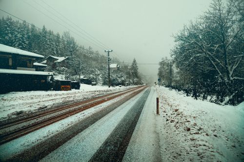 Free A tranquil winter scene featuring a snow-covered road flanked by trees and houses, creating a serene atmosphere. Stock Photo