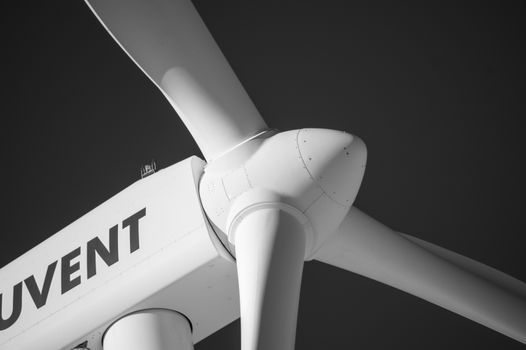 Detailed view of wind turbine blades highlighting renewable energy technology.