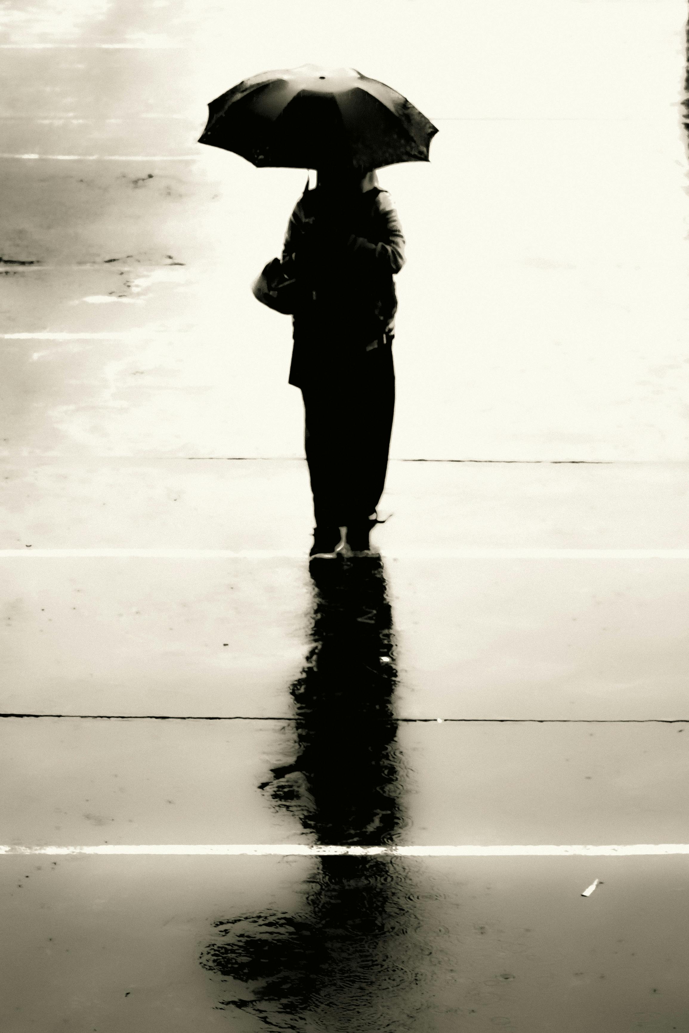 Gratuit O siluetă solitară stă cu o umbrelă pe o stradă udă, reflectându-se în ea. Fotografie de stoc