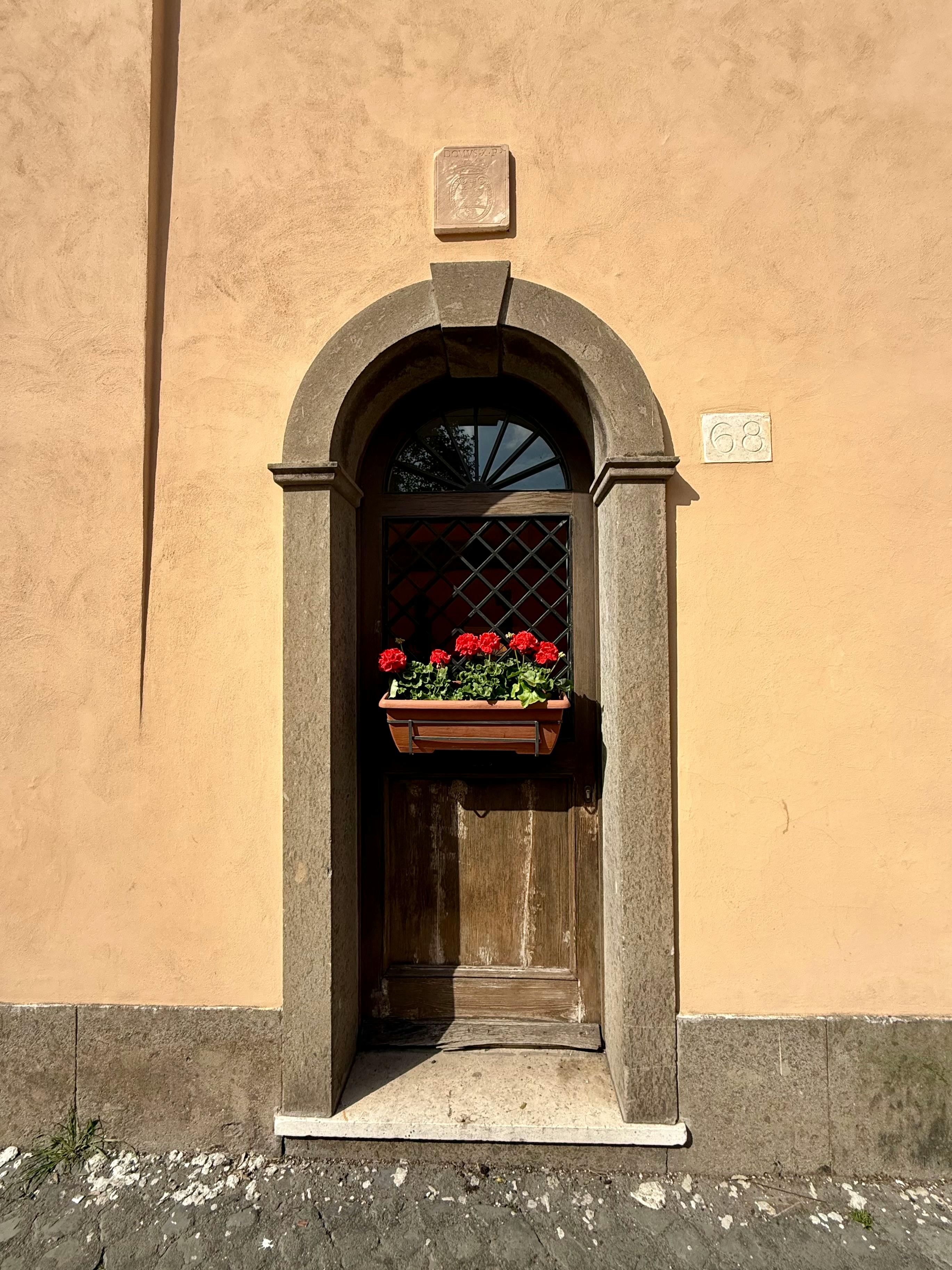 Kostenlos Gewölbter Holzeingang mit Blumenkasten im historischen Rom, Italien, im strahlenden Sonnenlicht. Stock-Foto