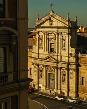 Beautiful Baroque church facade in warm sunlight, Lazio, Italy. Perfect for travel and architecture themes.