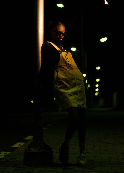 Free Stylish woman by streetlight in night scene. Urban fashion and mood blend. Stock Photo