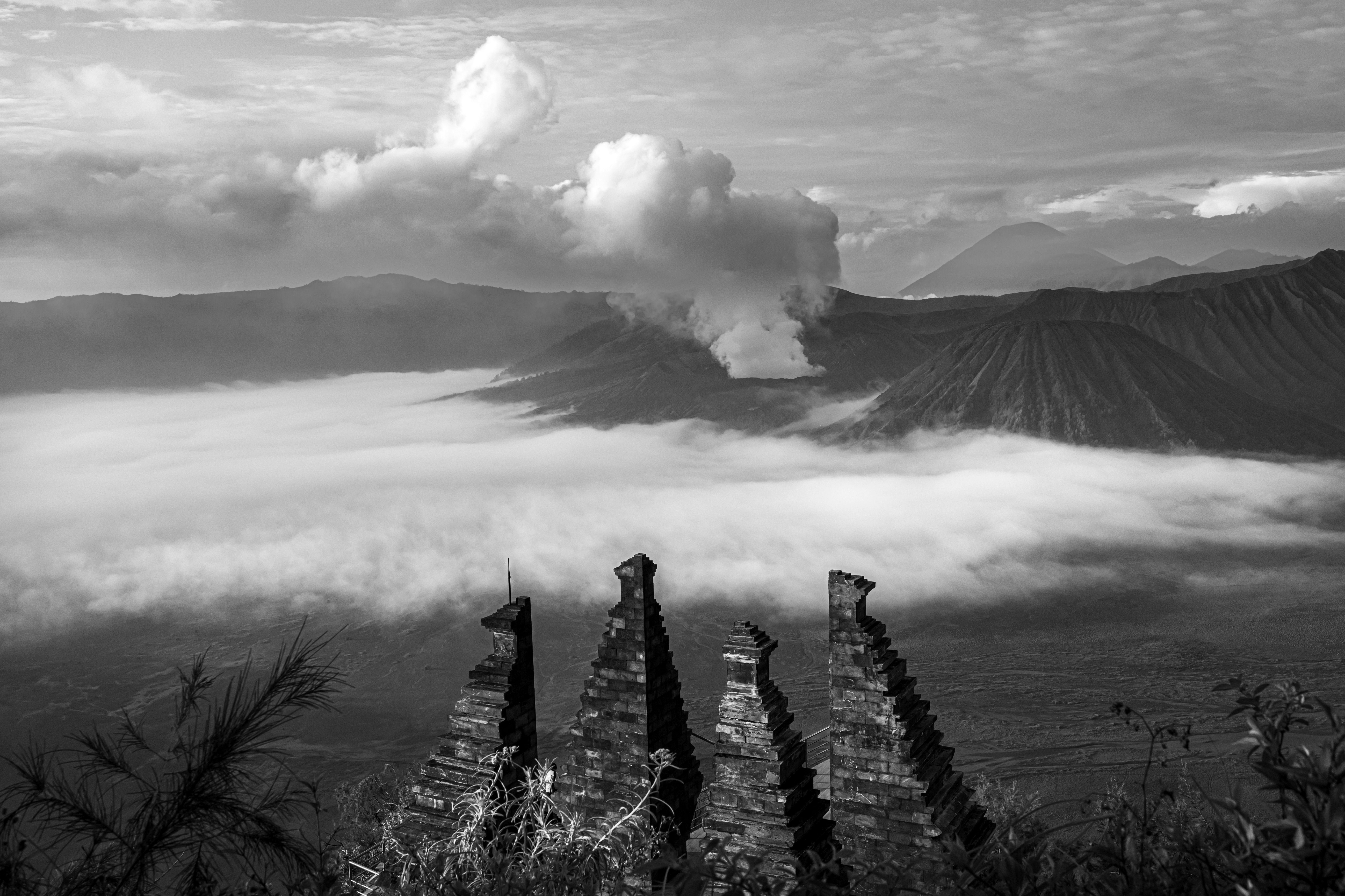 Black and White Landscape with Volcano and Mist · Free Stock Photo