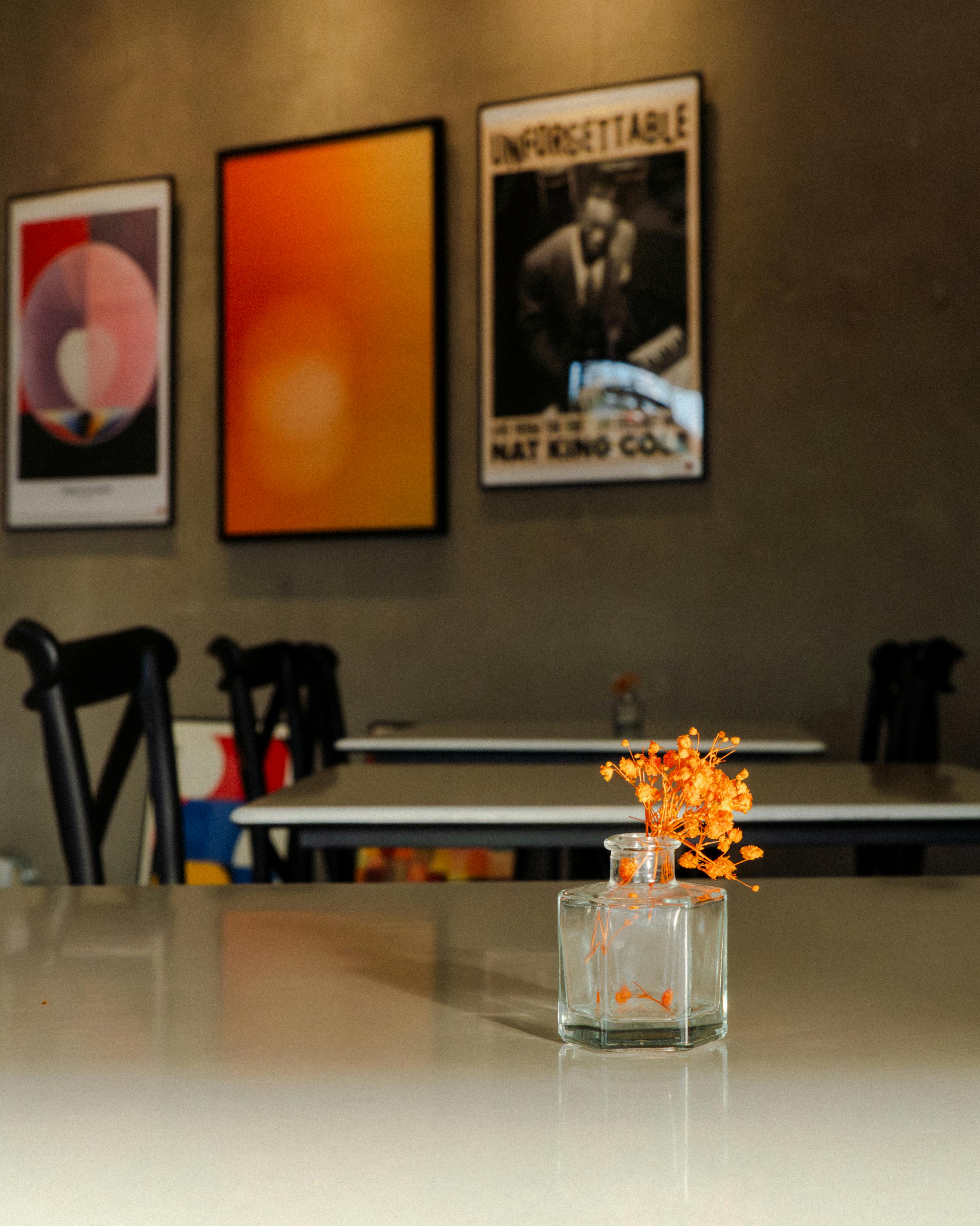 grátis Interior de café minimalista com um pequeno vaso de flores e obras de arte coloridas na parede. Foto profissional