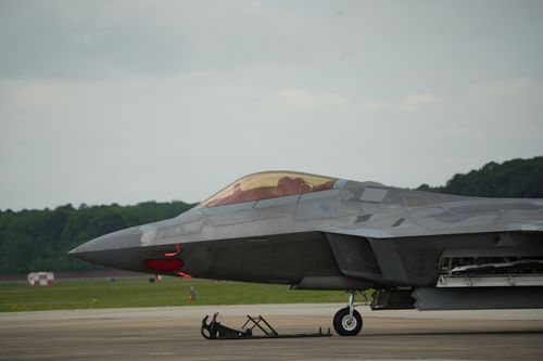 Free A US Air Force fighter jet stationed on a runway at Langley, Virginia, ready for takeoff. Stock Photo
