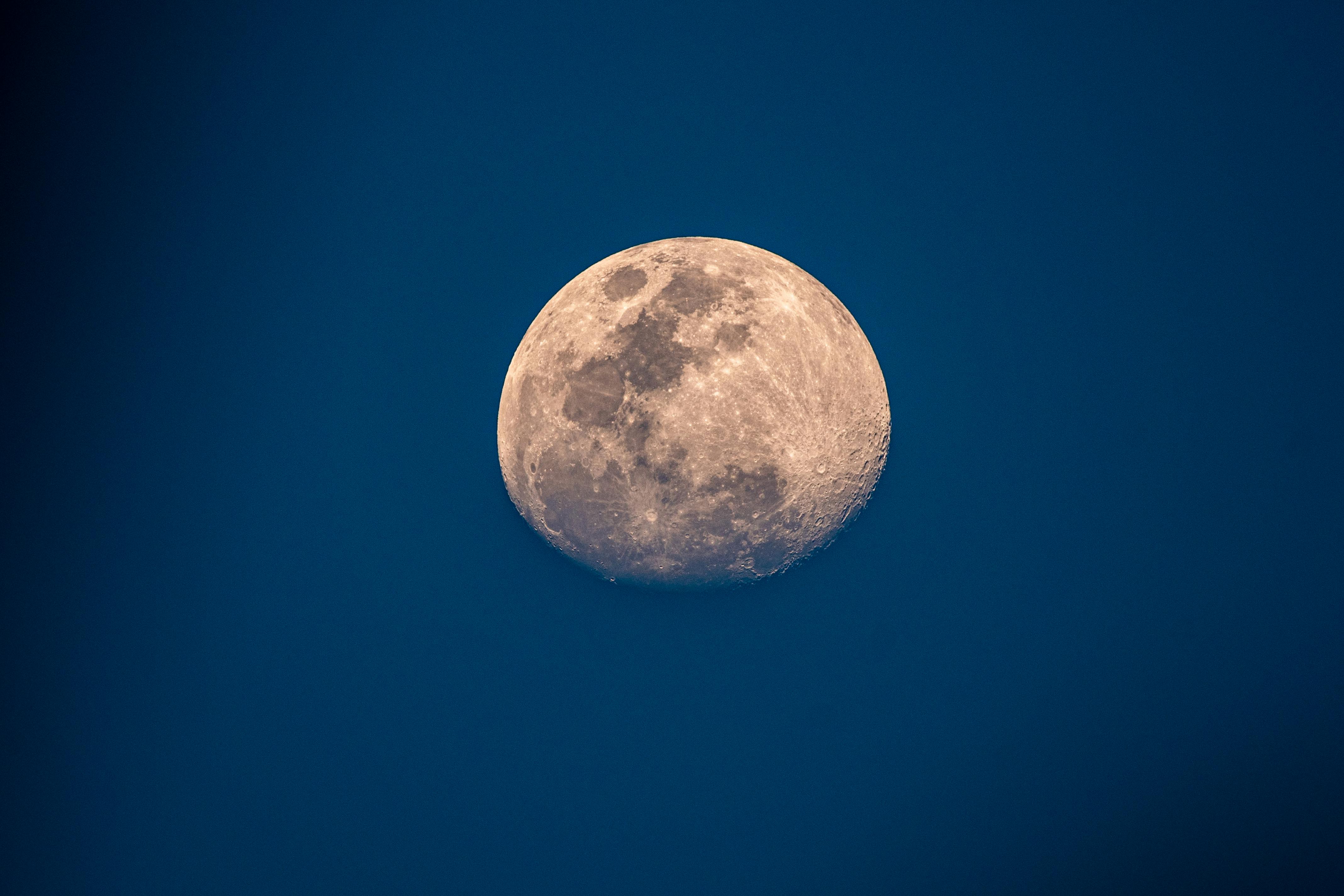 Δωρεάν Μια λεπτομερής κοντινή άποψη της σελήνης σε φόντο ενός καθαρού γαλάζιου ουρανού. Φωτογραφία από στοκ φωτογραφιών