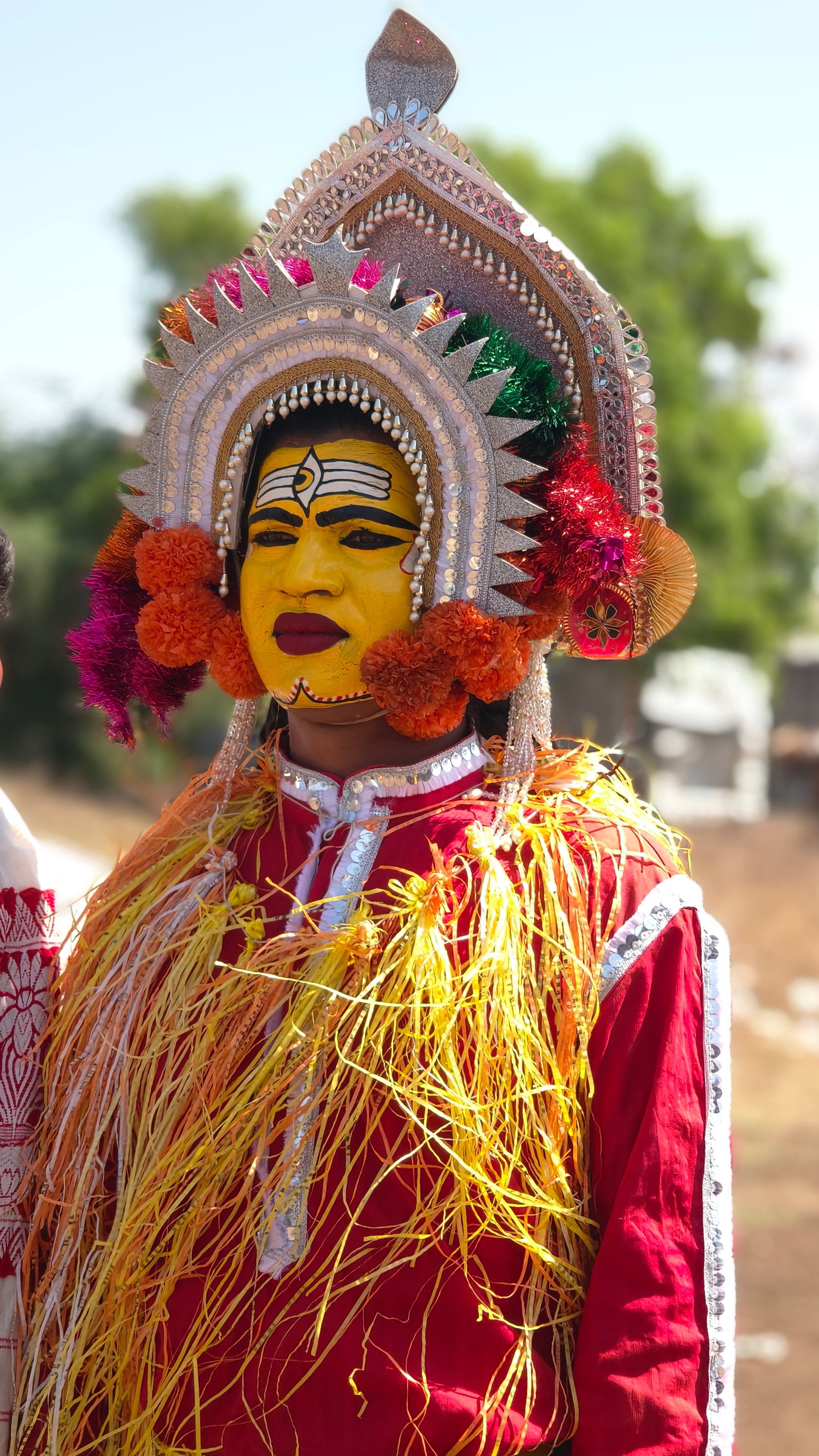 Colorful traditional tribal mask performer in Kavant, Gujarat, India, depicting cultural heritage.