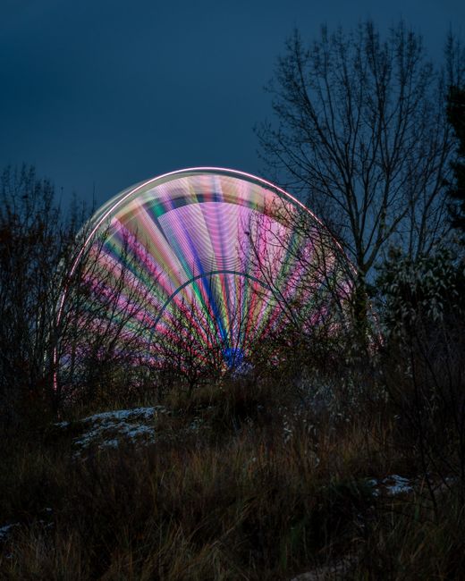 Vibrant Ferris wheel shines brightly through trees against a night sky, creating a stunning winter scene.