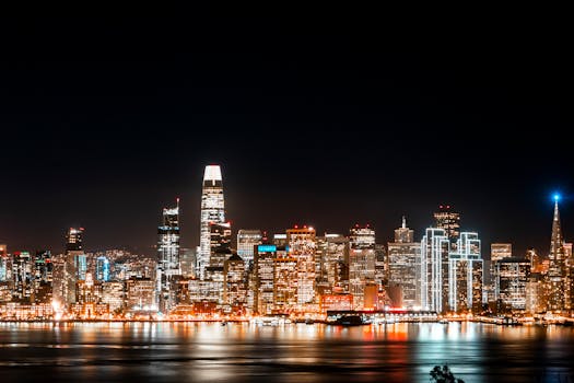 夜晚，旧金山的天际线倒映在水面上，景色令人惊叹