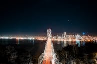 从上方拍摄的旧金山天际线与海湾大桥的夜色令人惊叹