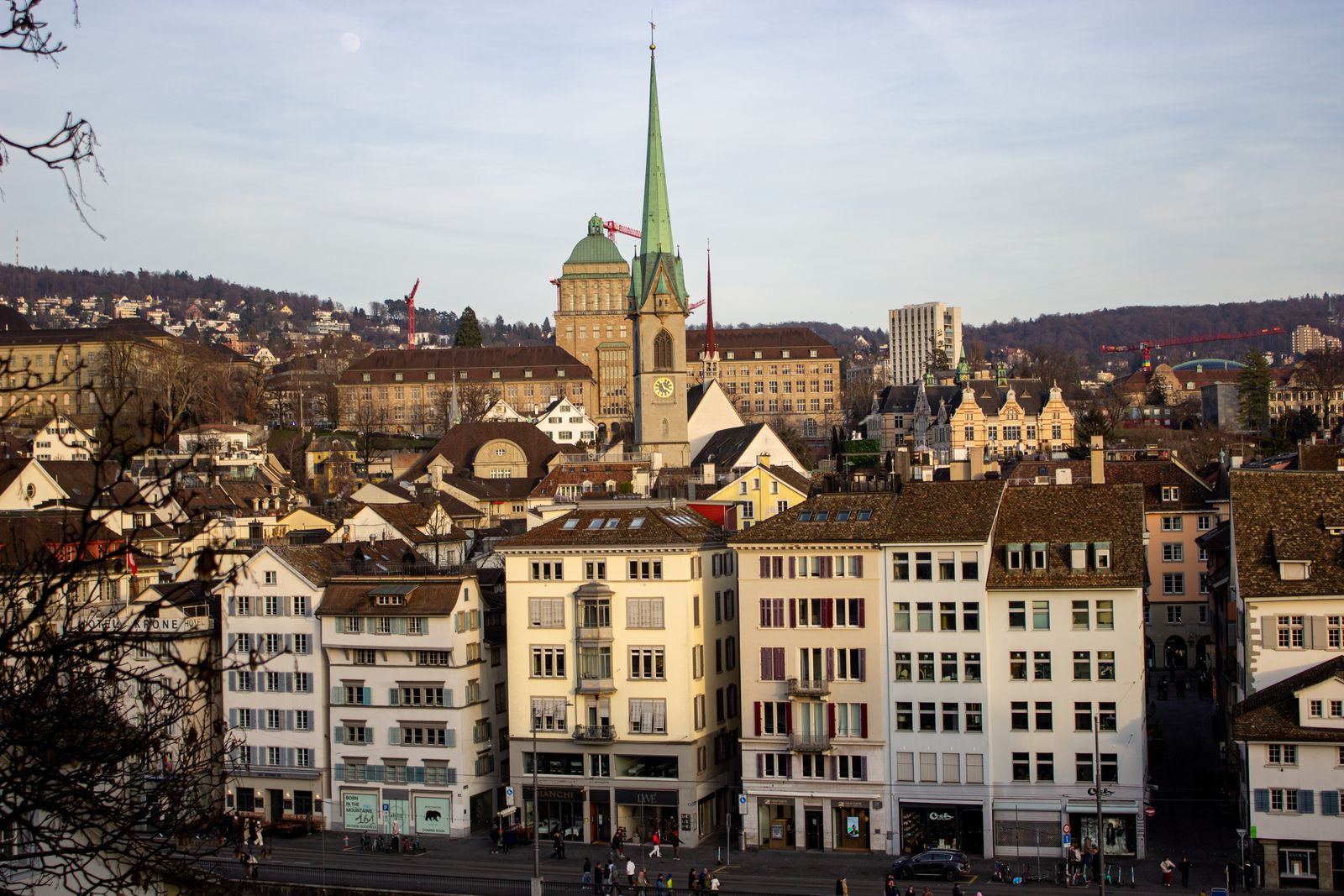 Zurich old town aerial view with St Peter church and Limmat river