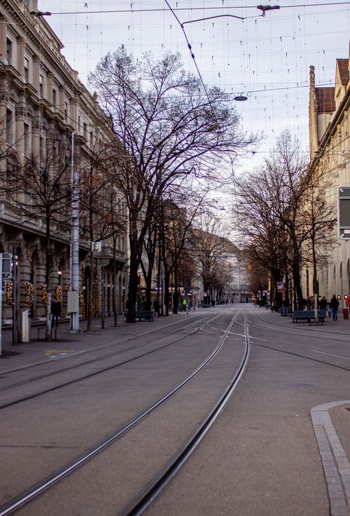 Free Scenic view of a tramway street in Zurich, Switzerland during winter, showcasing trees and buildings under a clear sky. Stock Photo