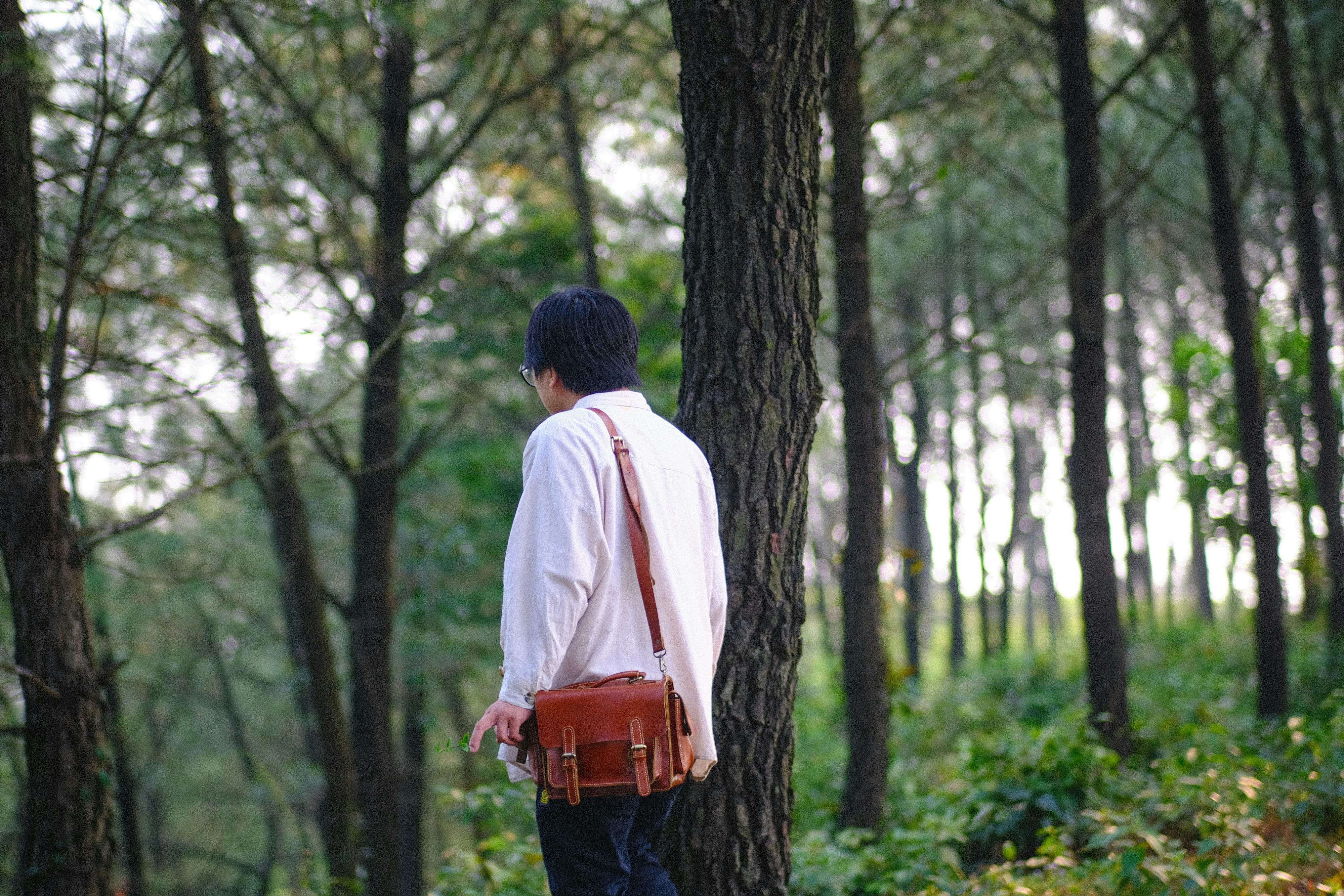 Ücretsiz Deri çantalı bir adam, Vietnam'ın Hue şehrinin sakin ormanını keşfediyor. Stok Fotoğraflar