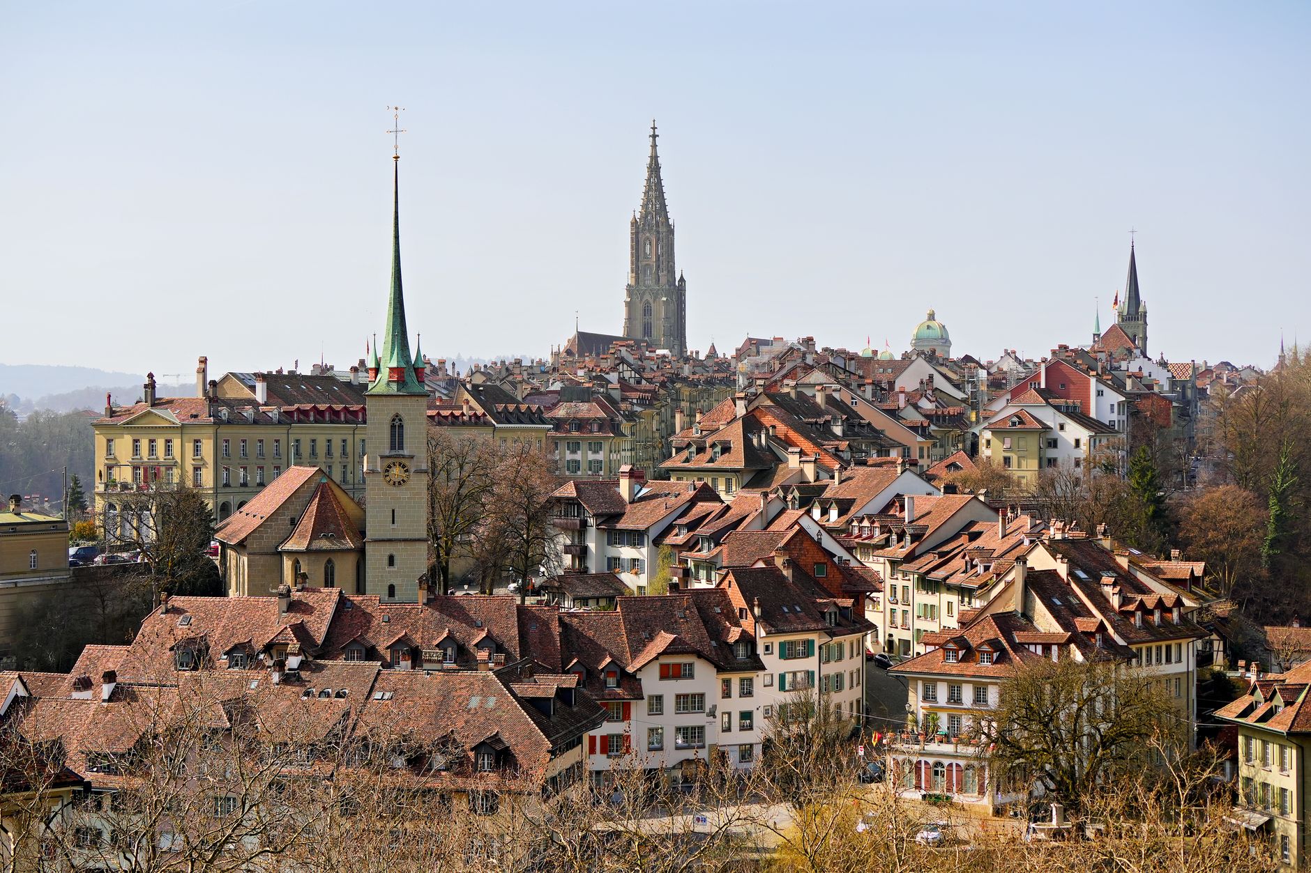 A captivating view of Bern, Switzerland, featuring iconic medieval architecture and the Bern Cathedral.