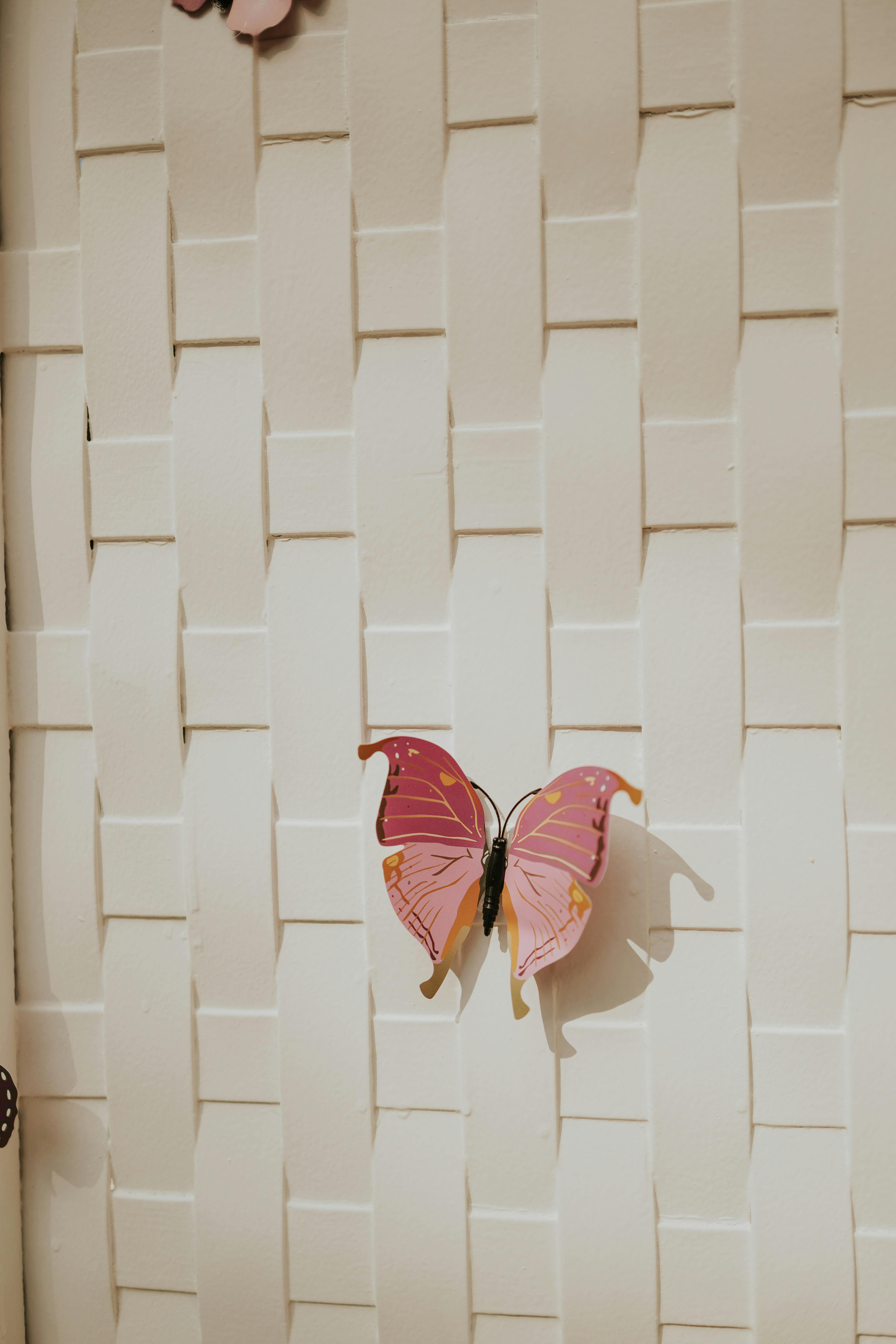grátis Uma borboleta decorativa rosa fixada em um fundo de parede branco texturizado e trançado. Foto profissional