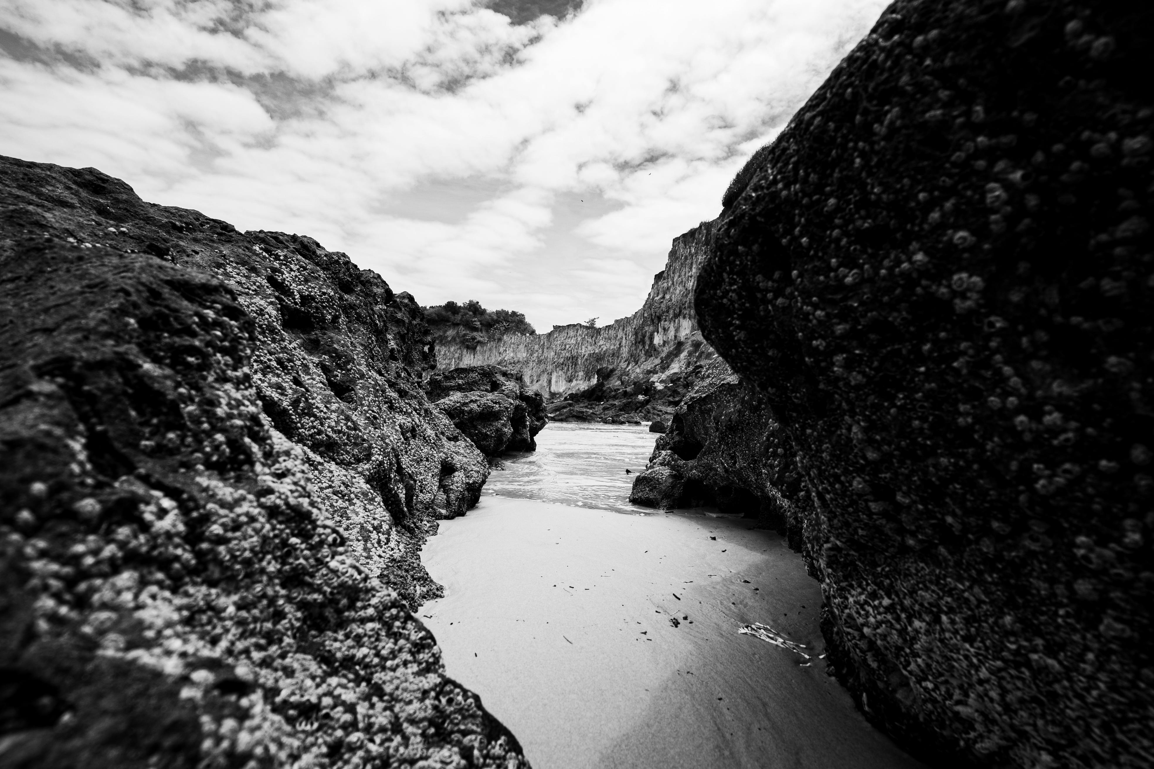 無料 ブラジルのナタールにある岩だらけの海岸風景を写した白黒写真。自然の造形が際立っている。 写真素材