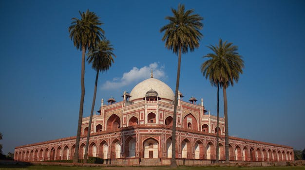 位于印度德里的胡马云墓是联合国教科文组织世界遗产，其景色中可见棕榈树与蓝天