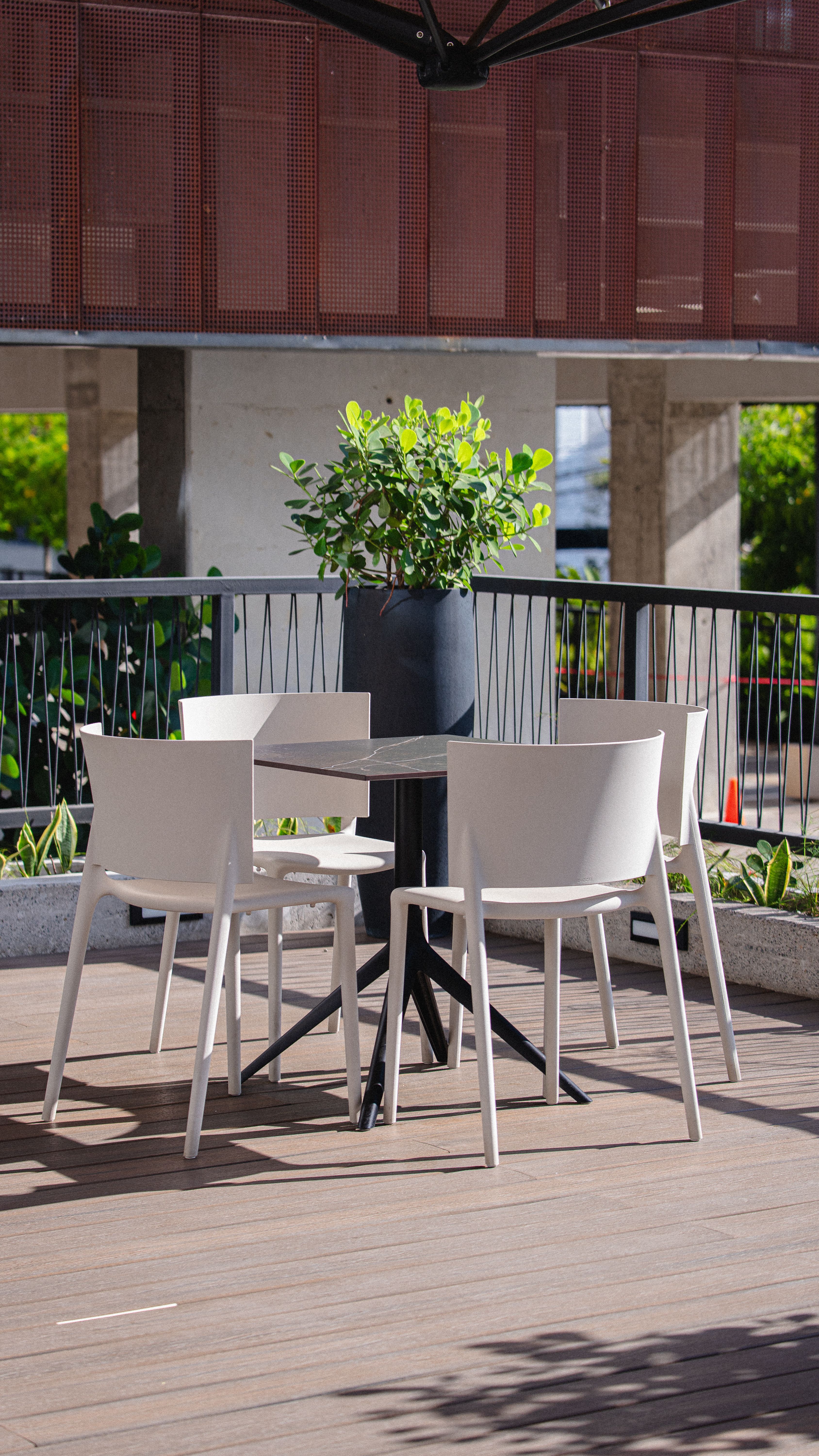 Bright outdoor patio scene with modern white furniture and green plants in the sunlight.