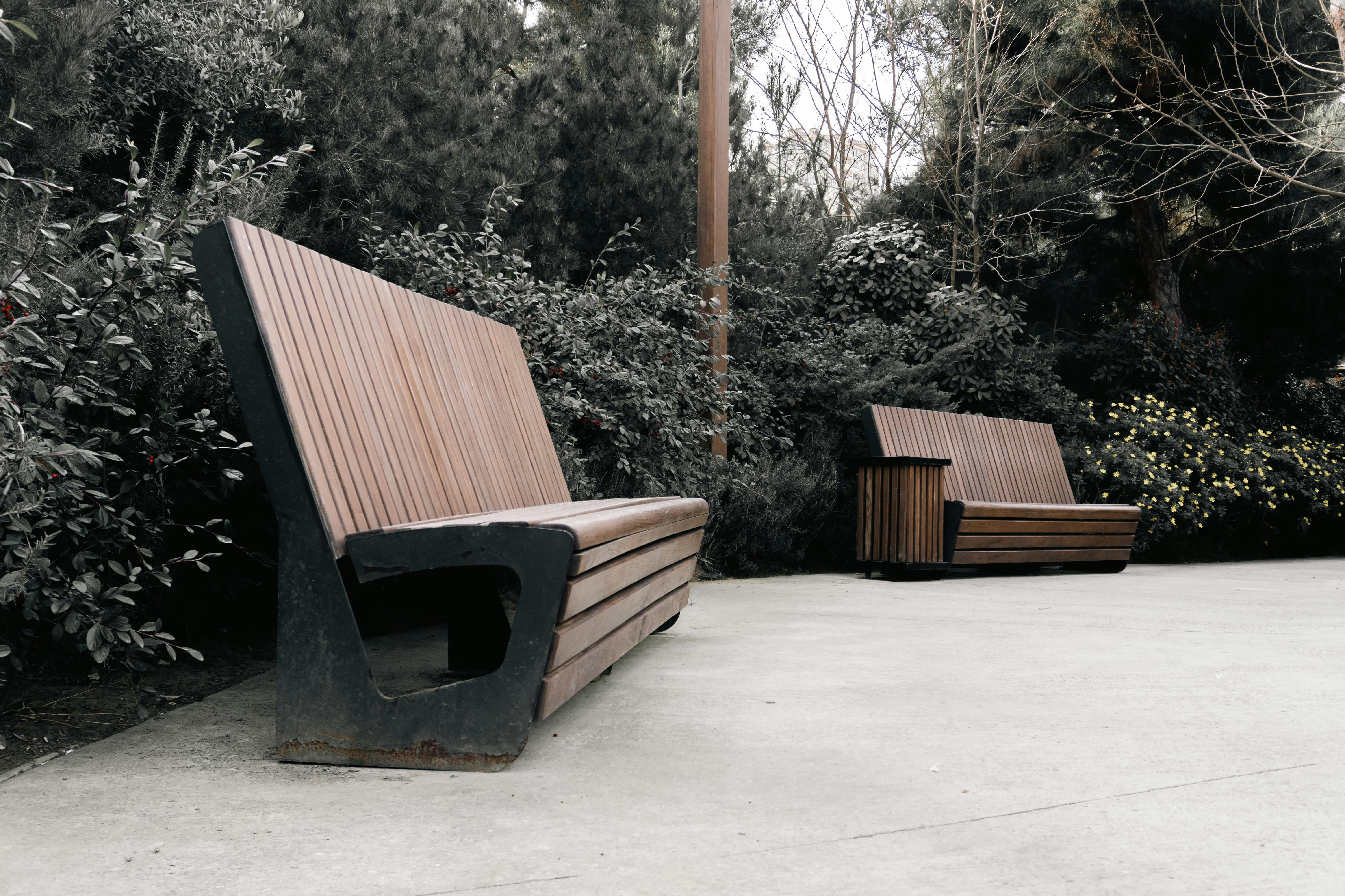 Δωρεάν Μινιμαλιστικά ξύλινα παγκάκια σε ένα γαλήνιο πάρκο του Μπακού, περιτριγυρισμένα από πλούσια βλάστηση. Φωτογραφία από στοκ φωτογραφιών