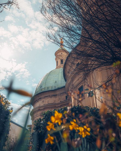 Free A captivating view of a historical cathedral dome framed by vibrant spring foliage under a bright sky. Stock Photo