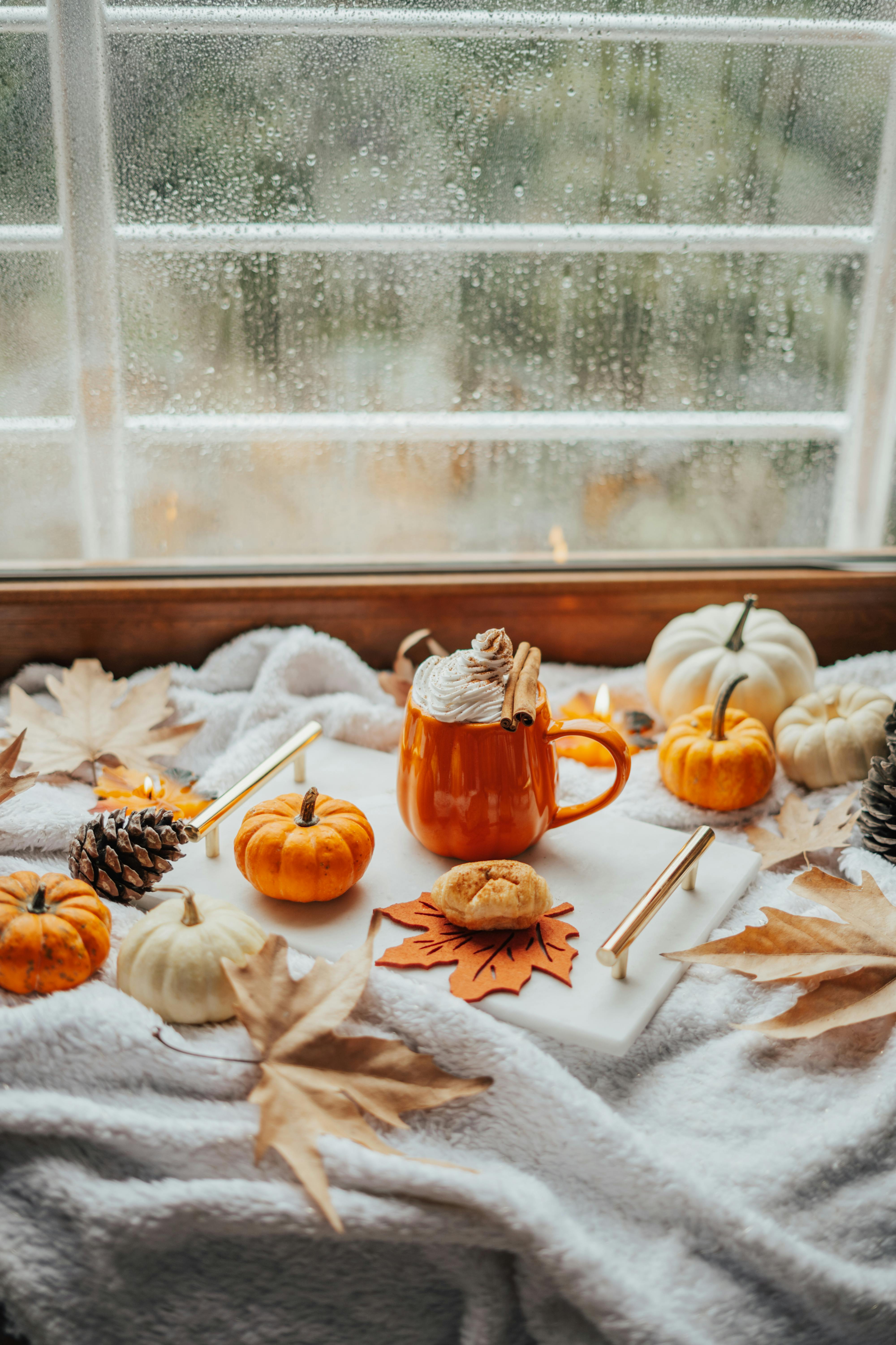 Gratis Un'accogliente atmosfera autunnale con un pumpkin spice latte, biscotti e mini zucche accanto a una finestra bagnata dalla pioggia. Foto a disposizione