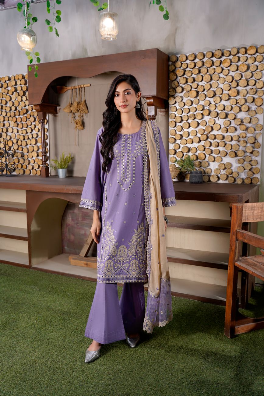 Fashionable Elegant Purple Embroidered Eastern Traditional Dress