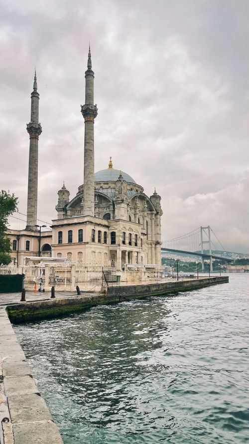 Free Ongoing view of the historic Ortaköy Mosque by the Bosphorus Bridge in Istanbul, Turkey. Stock Photo