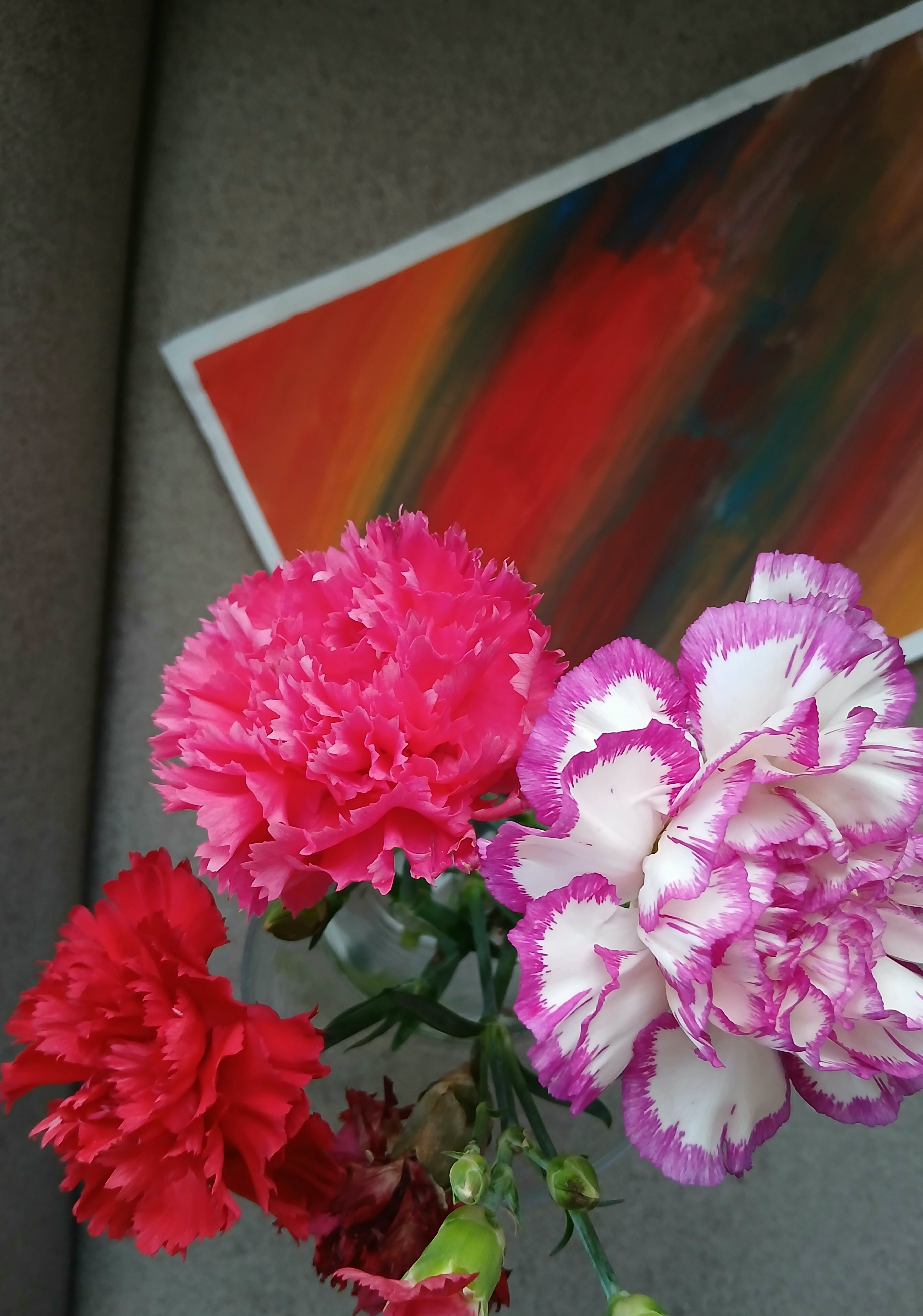 Vibrant Carnations Against Abstract Artwork · Free Stock Photo