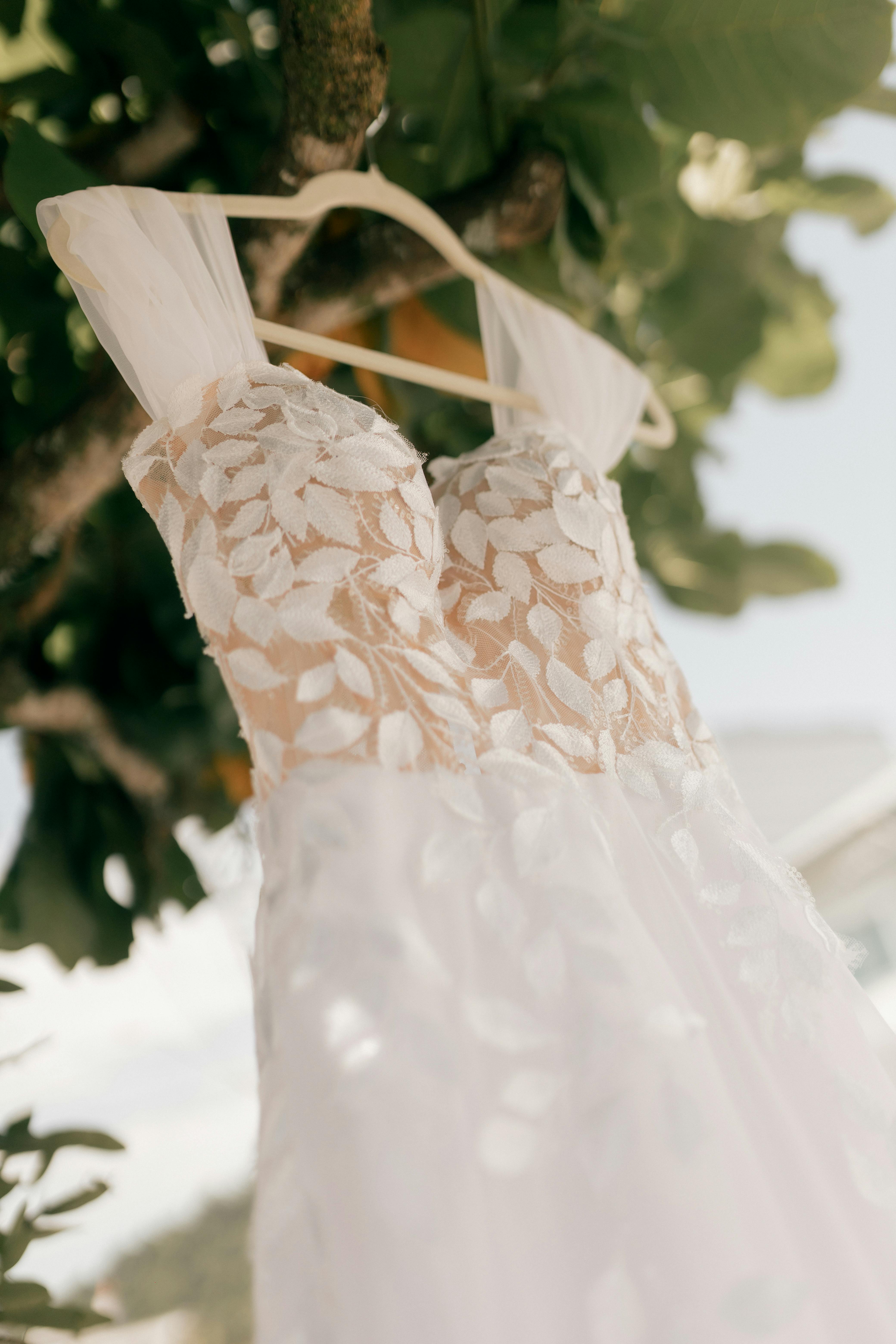 Gratis Un meraviglioso abito da sposa in pizzo pende con grazia da un albero, illuminato dalla luce naturale. Foto a disposizione